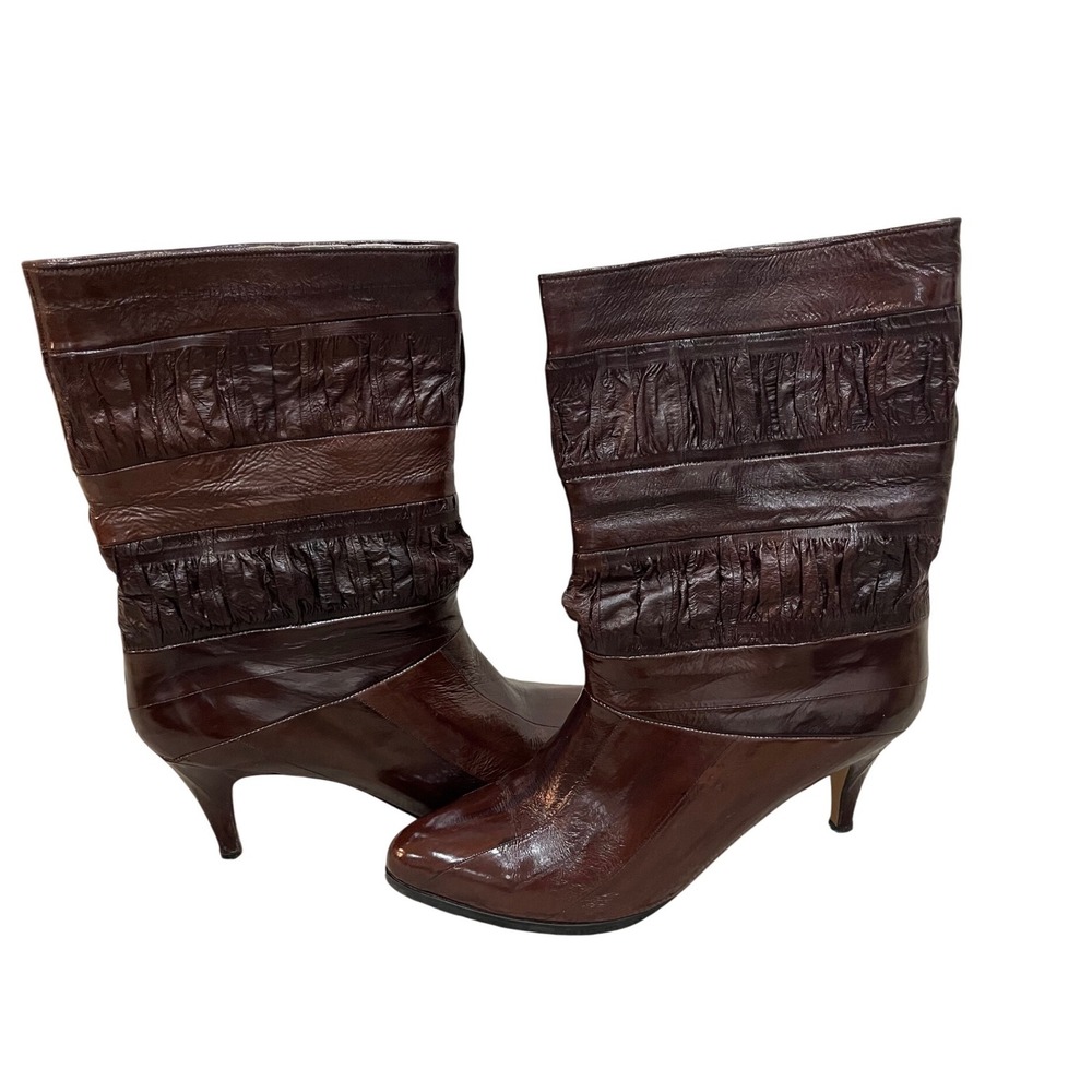 Cean Elther Mid Calf Boots Women Size 10M Brown Good Ruched Leather Kitten Heel